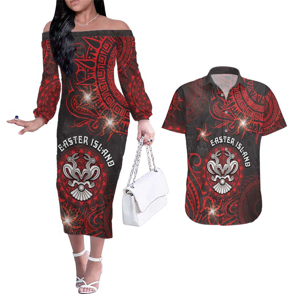 Personalised Easter Island Couples Matching Off The Shoulder Long Sleeve Dress and Hawaiian Shirt Hibiscus Polynesian Tribal Pattern DT05 Black - Polynesian Pride