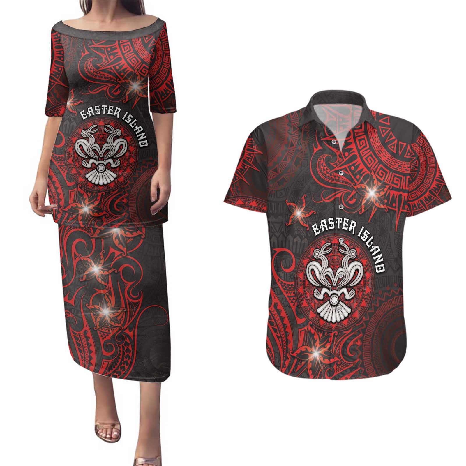 Personalised Easter Island Couples Matching Puletasi and Hawaiian Shirt Hibiscus Polynesian Tribal Pattern DT05 Black - Polynesian Pride