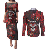 Personalised Easter Island Couples Matching Puletasi and Long Sleeve Button Shirt Hibiscus Polynesian Tribal Pattern DT05 Black - Polynesian Pride