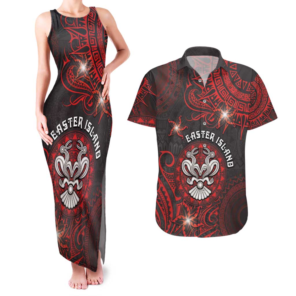 Personalised Easter Island Couples Matching Tank Maxi Dress and Hawaiian Shirt Hibiscus Polynesian Tribal Pattern DT05 Black - Polynesian Pride