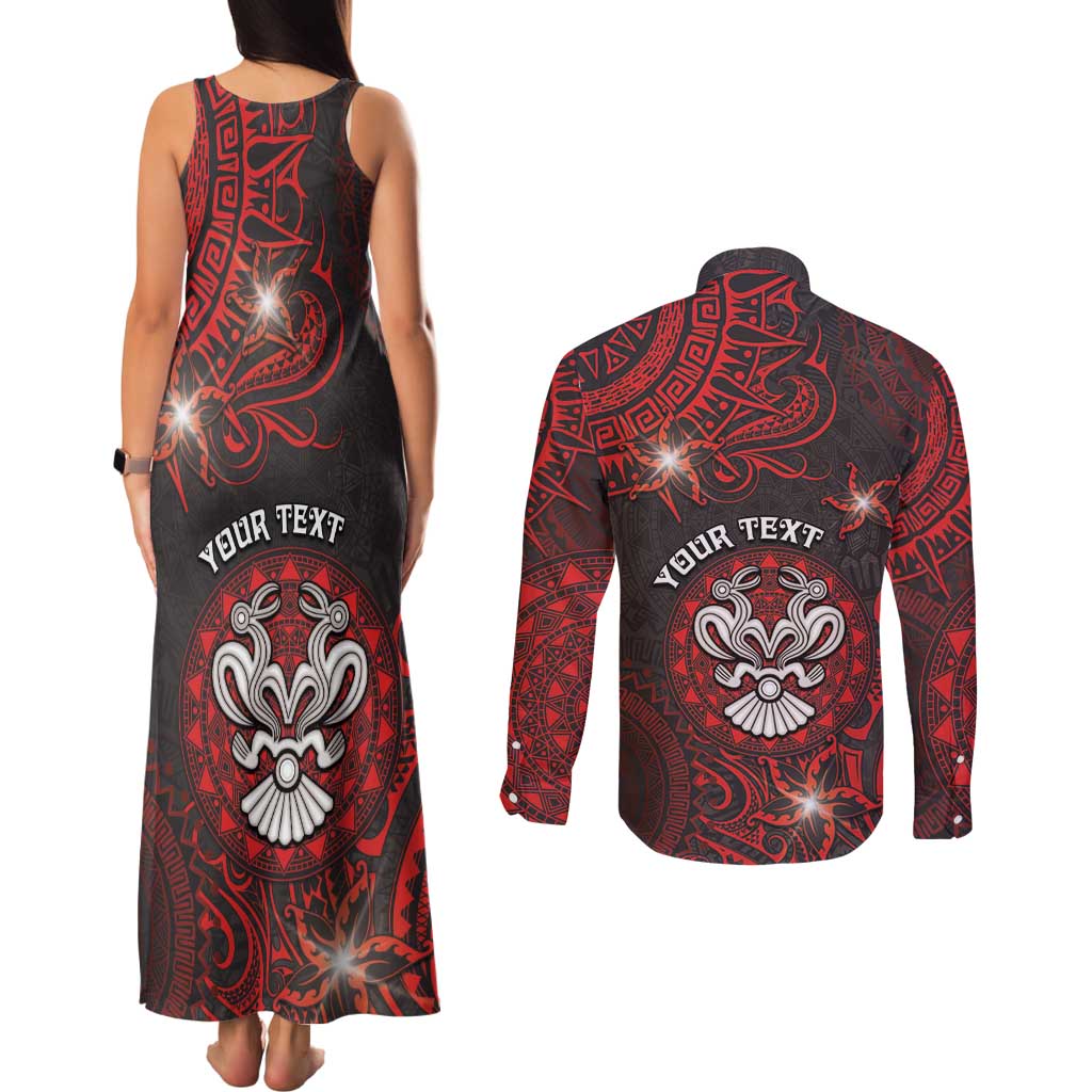 Personalised Easter Island Couples Matching Tank Maxi Dress and Long Sleeve Button Shirt Hibiscus Polynesian Tribal Pattern DT05 - Polynesian Pride