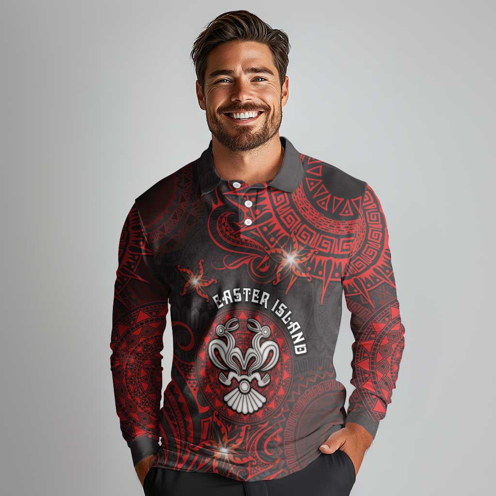 Personalised Easter Island Long Sleeve Polo Shirt Hibiscus Polynesian Tribal Pattern