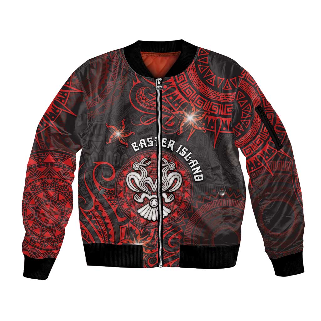 Personalised Easter Island Sleeve Zip Bomber Jacket Hibiscus Polynesian Tribal Pattern DT05 Unisex Black - Polynesian Pride