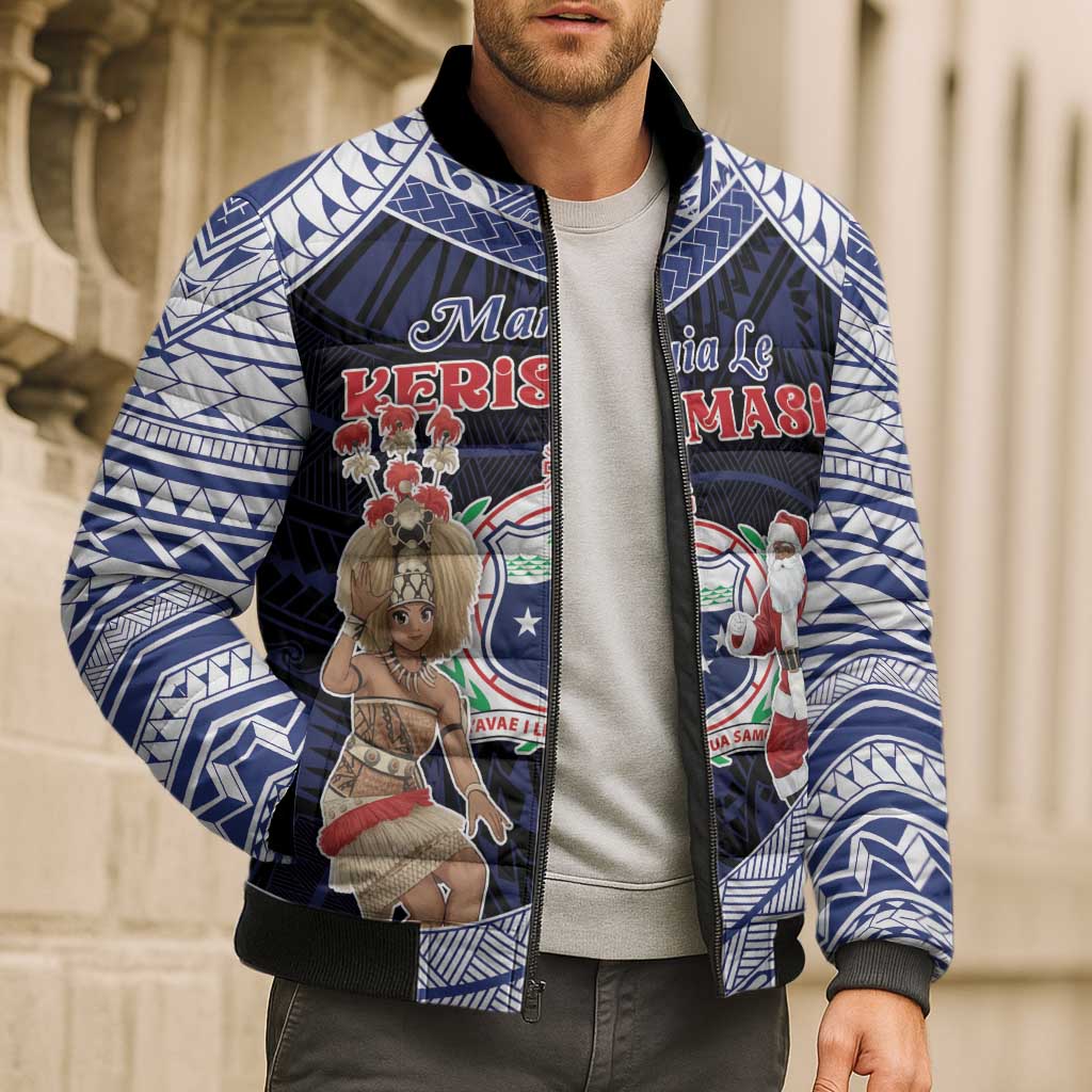Samoa Christmas Bomber Puffer Jacket Samoan Siva Dance With Santa - Polynesian Pride