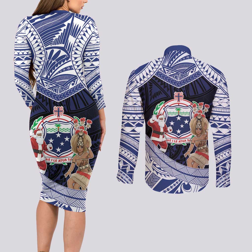 Samoa Christmas Couples Matching Long Sleeve Bodycon Dress and Long Sleeve Button Shirt Samoan Siva Dance With Santa - Polynesian Pride