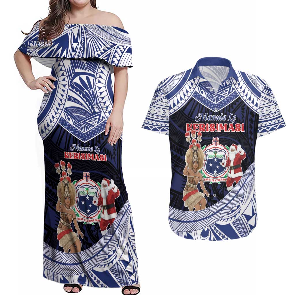 Samoa Christmas Couples Matching Off Shoulder Maxi Dress and Hawaiian Shirt Samoan Siva Dance With Santa - Polynesian Pride