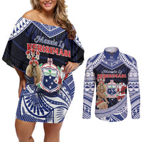Samoa Christmas Couples Matching Off Shoulder Short Dress and Long Sleeve Button Shirt Samoan Siva Dance With Santa - Polynesian Pride