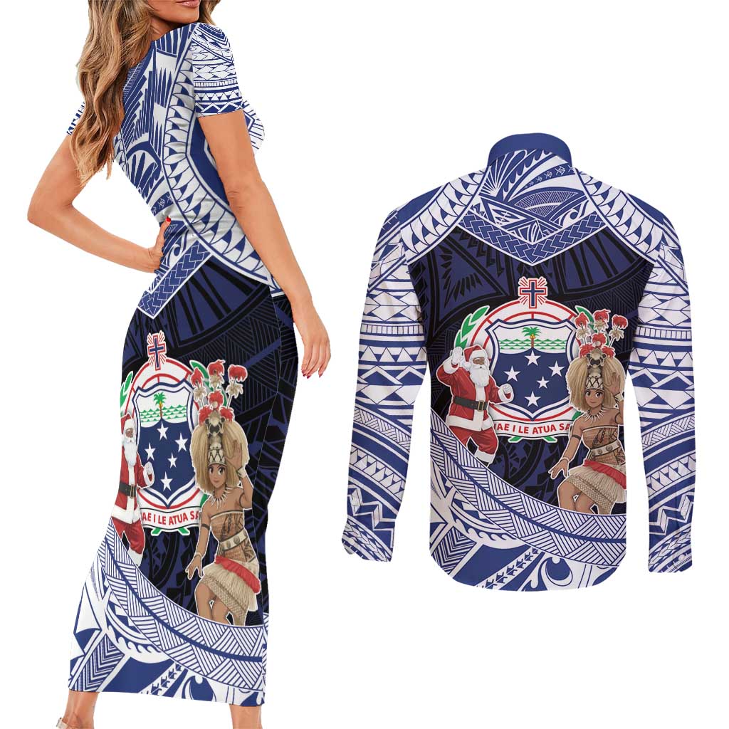 Samoa Christmas Couples Matching Short Sleeve Bodycon Dress and Long Sleeve Button Shirt Samoan Siva Dance With Santa - Polynesian Pride