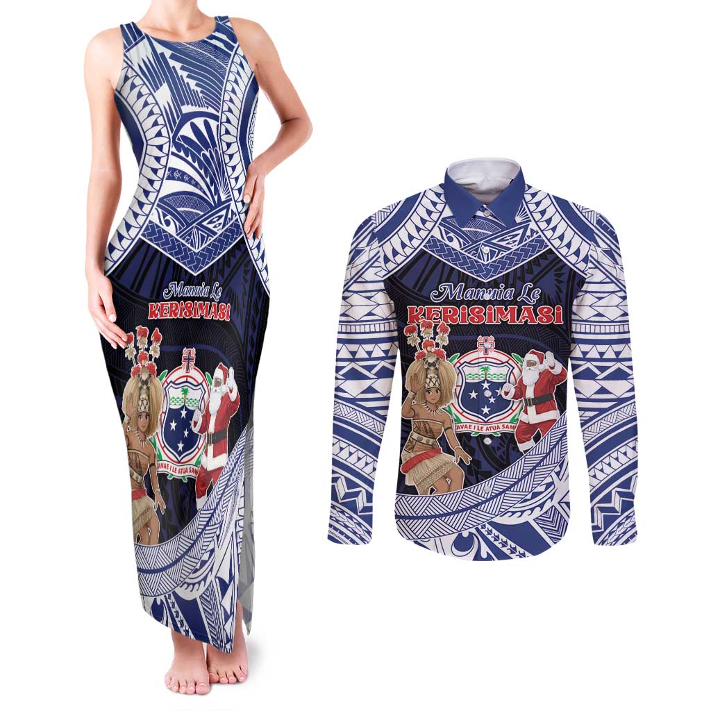Samoa Christmas Couples Matching Tank Maxi Dress and Long Sleeve Button Shirt Samoan Siva Dance With Santa - Polynesian Pride
