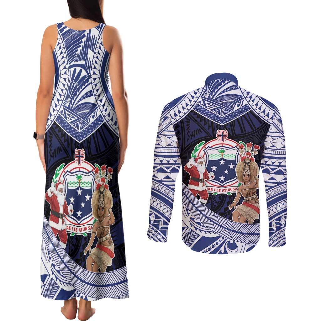 Samoa Christmas Couples Matching Tank Maxi Dress and Long Sleeve Button Shirt Samoan Siva Dance With Santa - Polynesian Pride