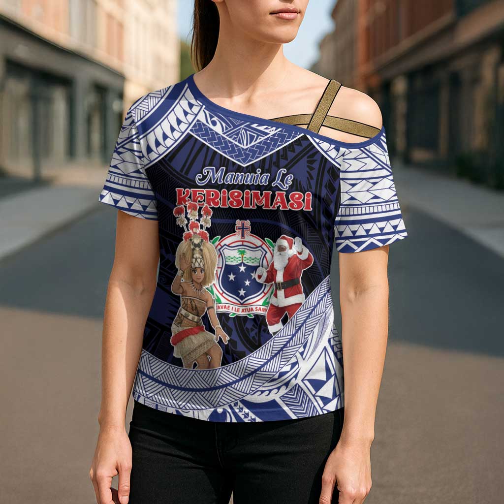 Samoa Christmas Cross Shoulder Shirt Samoan Siva Dance With Santa - Polynesian Pride