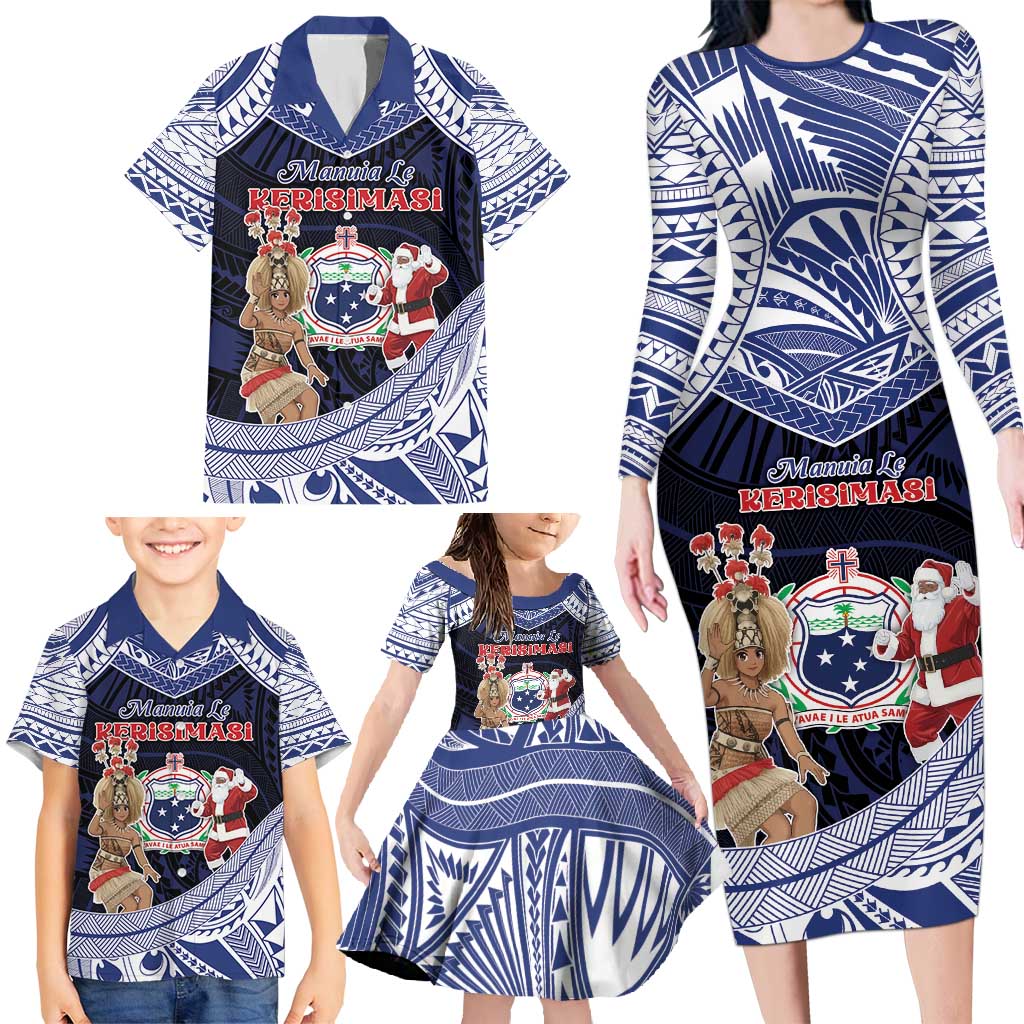Samoa Christmas Family Matching Long Sleeve Bodycon Dress and Hawaiian Shirt Samoan Siva Dance With Santa - Polynesian Pride