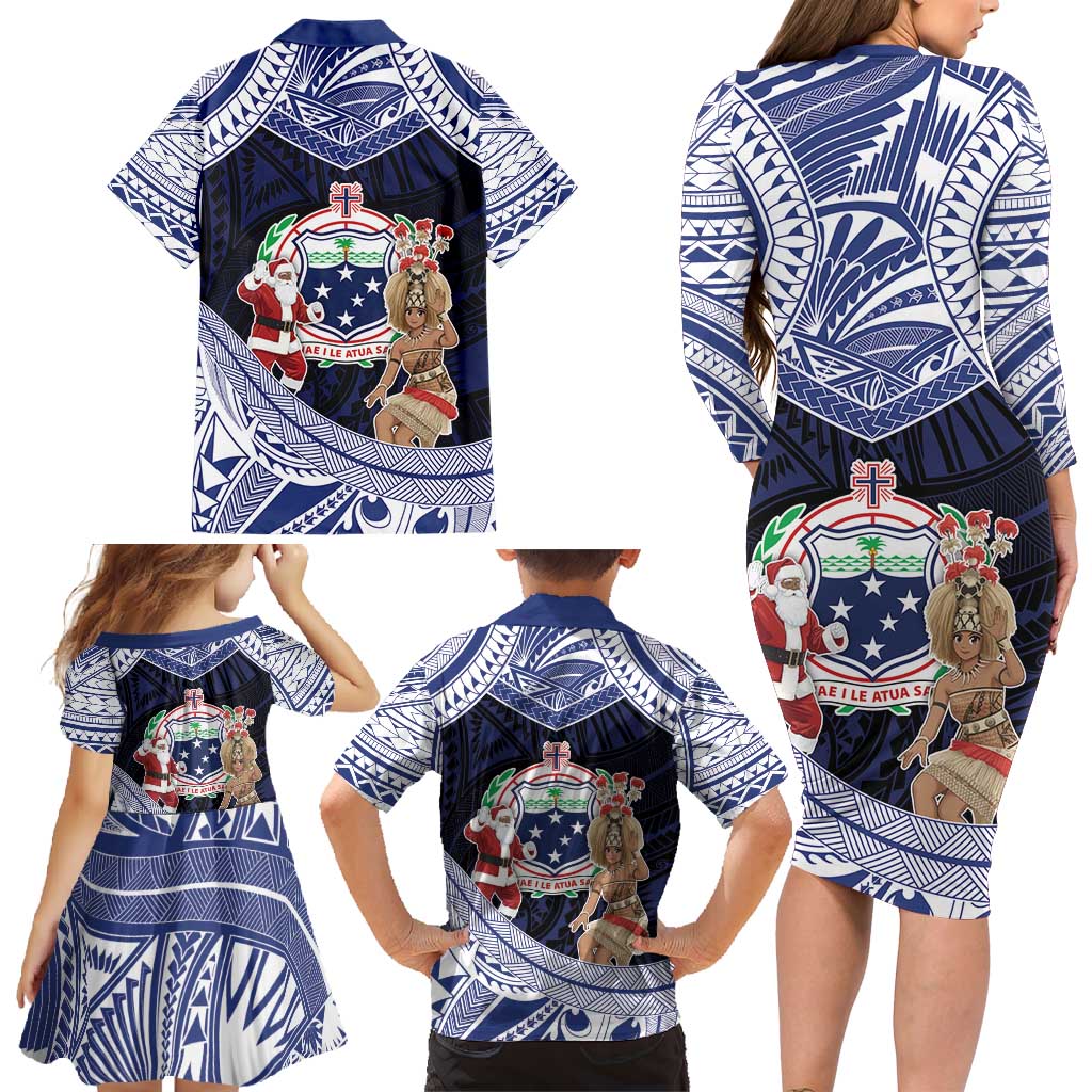 Samoa Christmas Family Matching Long Sleeve Bodycon Dress and Hawaiian Shirt Samoan Siva Dance With Santa - Polynesian Pride