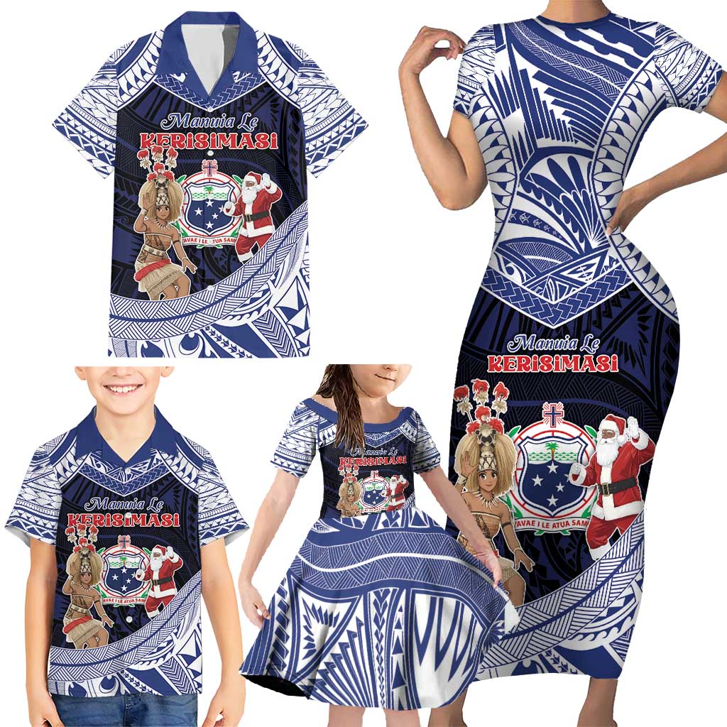 Samoa Christmas Family Matching Short Sleeve Bodycon Dress and Hawaiian Shirt Samoan Siva Dance With Santa - Polynesian Pride