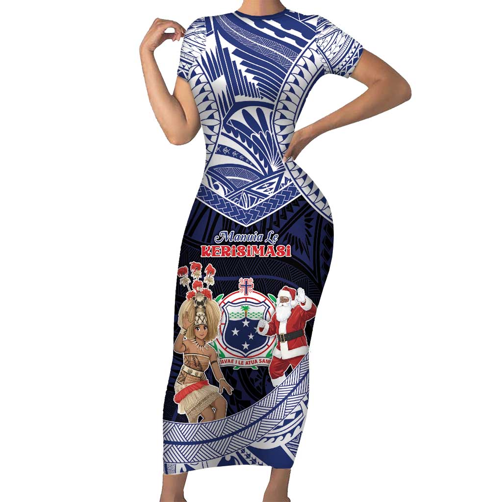 Samoa Christmas Family Matching Short Sleeve Bodycon Dress and Hawaiian Shirt Samoan Siva Dance With Santa - Polynesian Pride