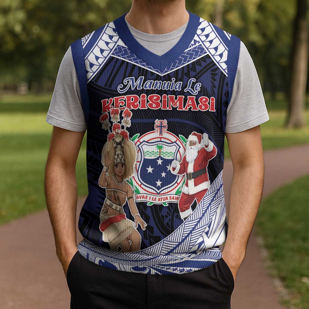 Samoa Christmas Knitted V-Neck Vest Samoan Siva Dance With Santa - Polynesian Pride