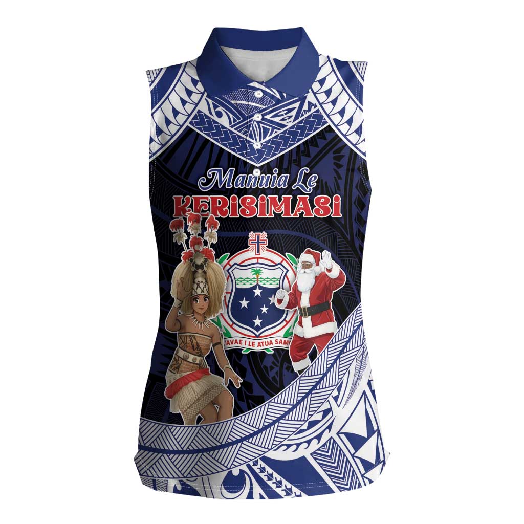 Samoa Christmas Women Sleeveless Polo Shirt Samoan Siva Dance With Santa - Polynesian Pride