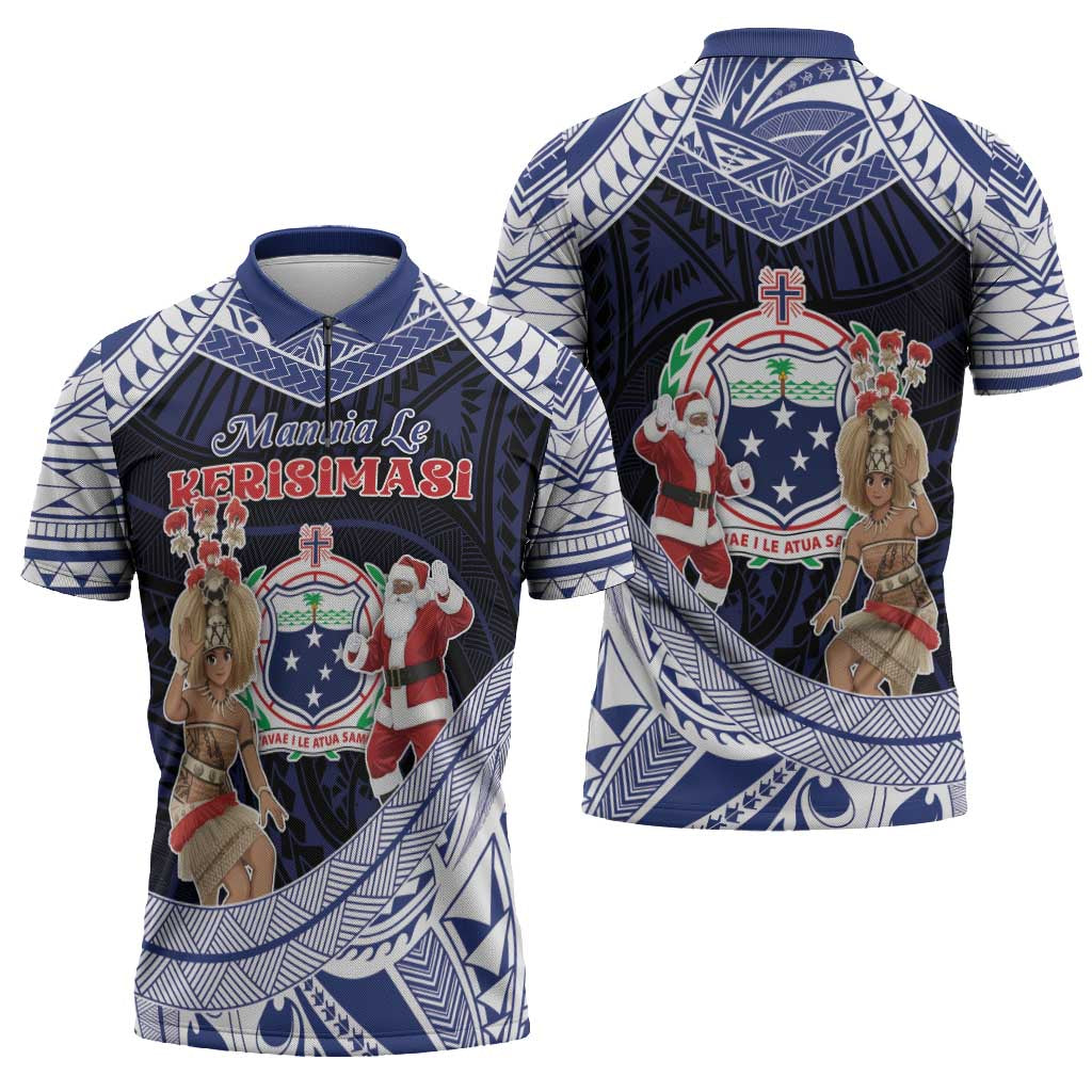 Samoa Christmas Zipper Polo Shirt Samoan Siva Dance With Santa - Polynesian Pride