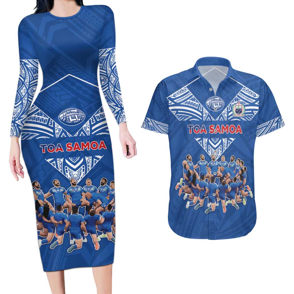 Toa Samoa Couples Matching Long Sleeve Bodycon Dress and Hawaiian Shirt Samoan Warrior Spirit Rugby - Polynesian Pride