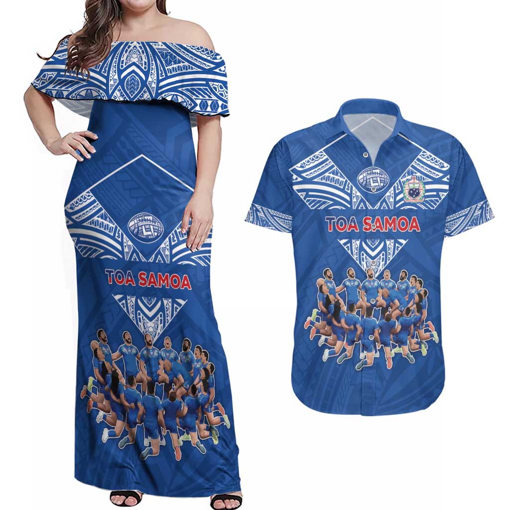 Toa Samoa Couples Matching Off Shoulder Maxi Dress and Hawaiian Shirt Samoan Warrior Spirit Rugby - Polynesian Pride