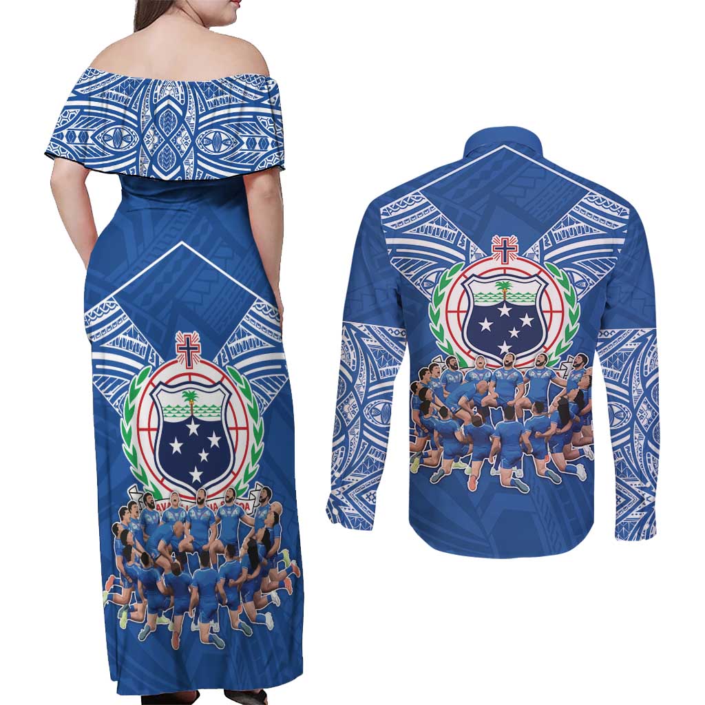 Toa Samoa Couples Matching Off Shoulder Maxi Dress and Long Sleeve Button Shirt Samoan Warrior Spirit Rugby - Polynesian Pride