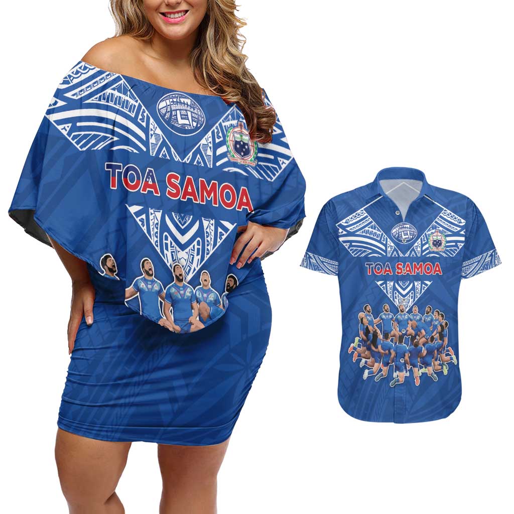 Toa Samoa Couples Matching Off Shoulder Short Dress and Hawaiian Shirt Samoan Warrior Spirit Rugby - Polynesian Pride