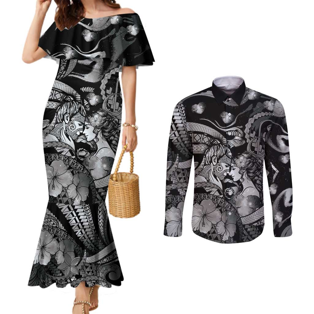Personalised Maori Romantic Valentine Couples Matching Mermaid Dress and Long Sleeve Button Shirt The Hongi Kiss Black Galaxy