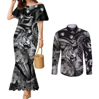 Personalised Maori Romantic Valentine Couples Matching Mermaid Dress and Long Sleeve Button Shirt The Hongi Kiss Black Galaxy