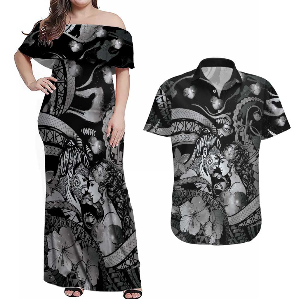 Personalised Maori Romantic Valentine Couples Matching Off Shoulder Maxi Dress and Hawaiian Shirt The Hongi Kiss Black Galaxy