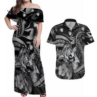 Personalised Maori Romantic Valentine Couples Matching Off Shoulder Maxi Dress and Hawaiian Shirt The Hongi Kiss Black Galaxy