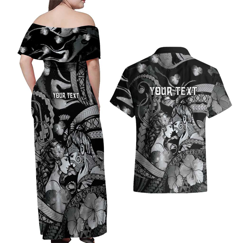 Personalised Maori Romantic Valentine Couples Matching Off Shoulder Maxi Dress and Hawaiian Shirt The Hongi Kiss Black Galaxy