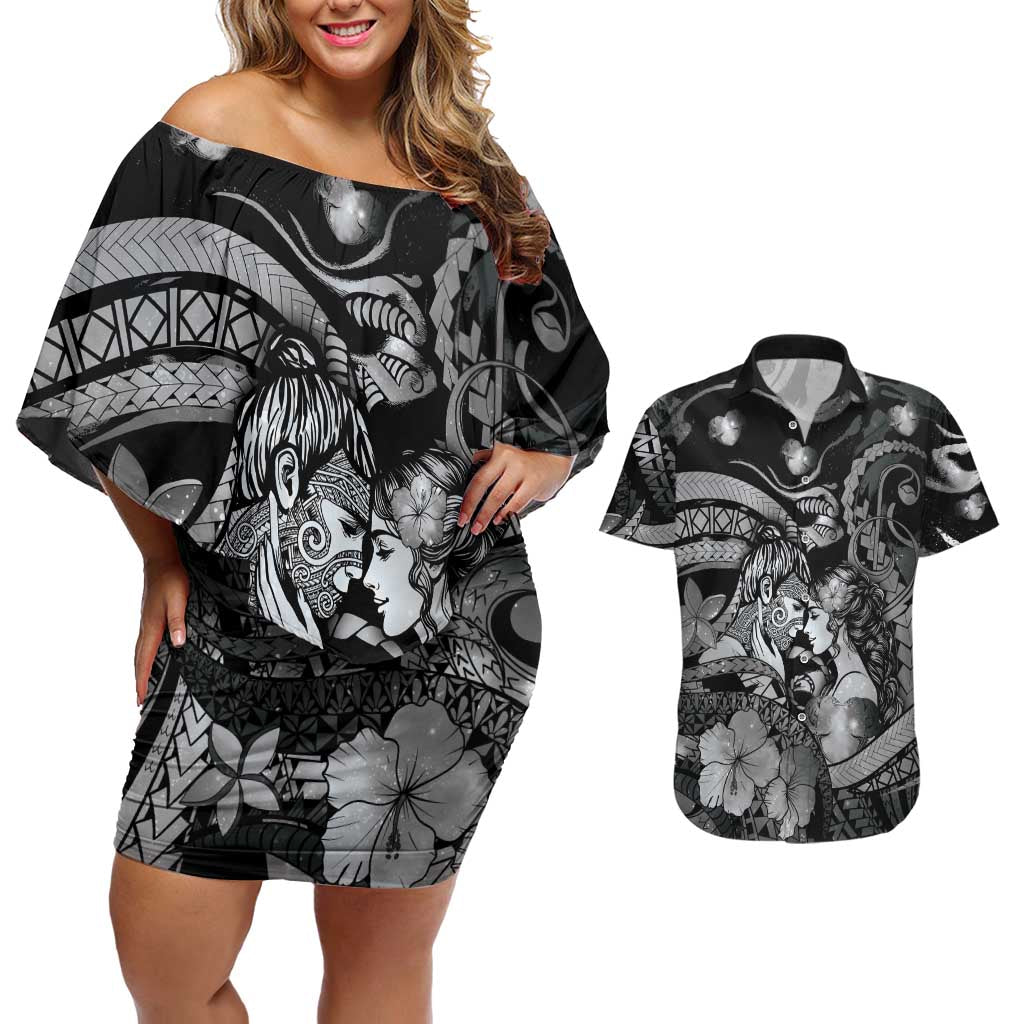 Personalised Maori Romantic Valentine Couples Matching Off Shoulder Short Dress and Hawaiian Shirt The Hongi Kiss Black Galaxy