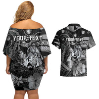 Personalised Maori Romantic Valentine Couples Matching Off Shoulder Short Dress and Hawaiian Shirt The Hongi Kiss Black Galaxy