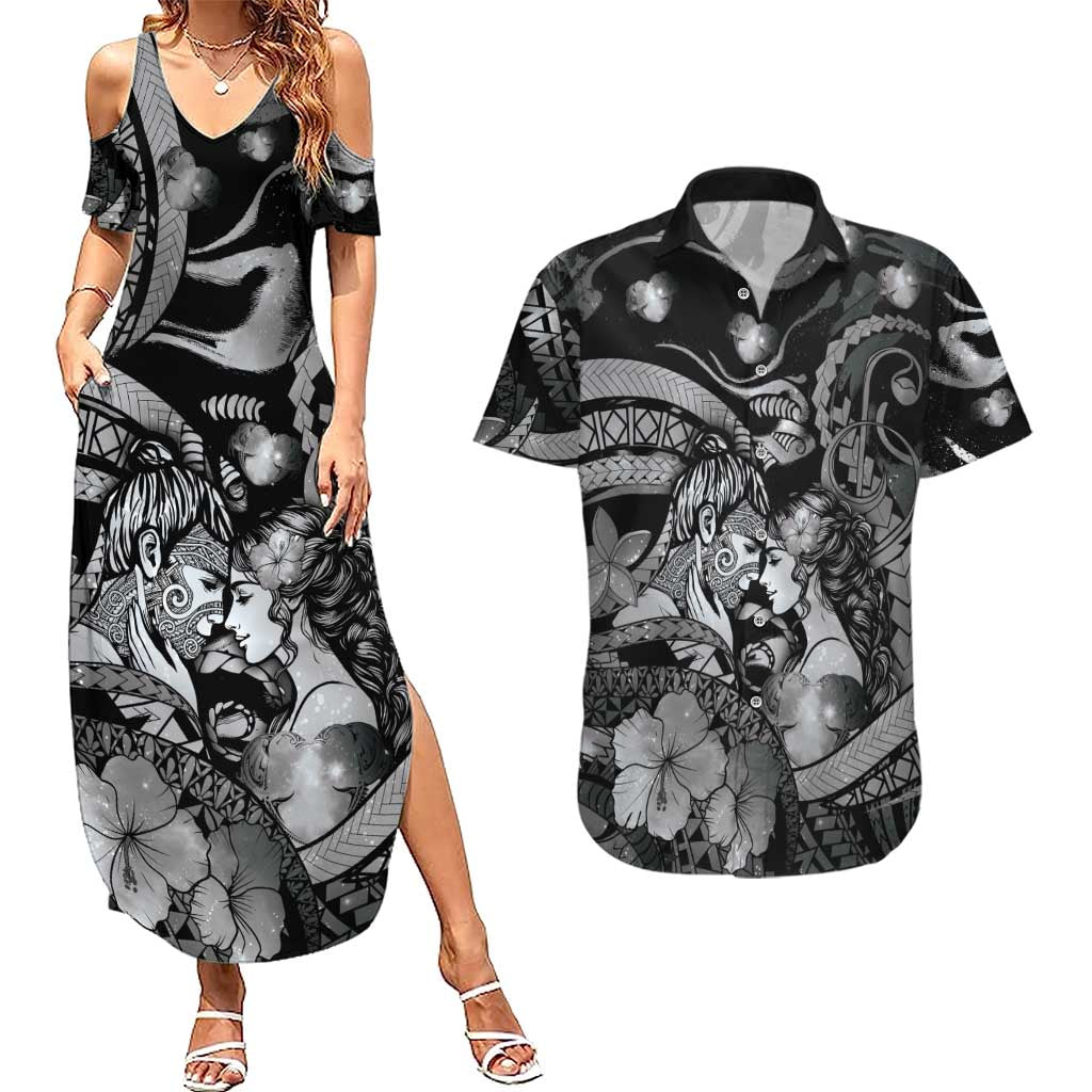 Personalised Maori Romantic Valentine Couples Matching Summer Maxi Dress and Hawaiian Shirt The Hongi Kiss Black Galaxy