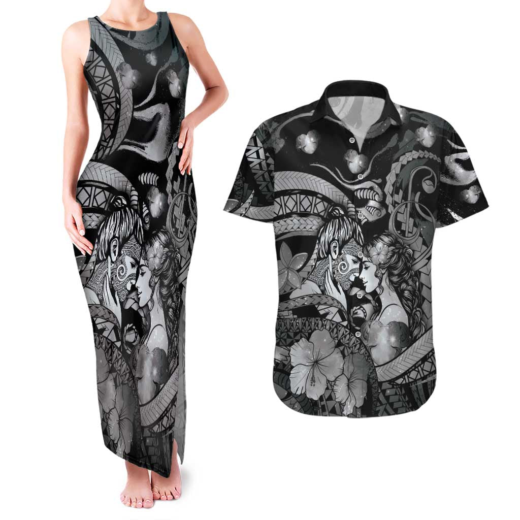 Personalised Maori Romantic Valentine Couples Matching Tank Maxi Dress and Hawaiian Shirt The Hongi Kiss Black Galaxy