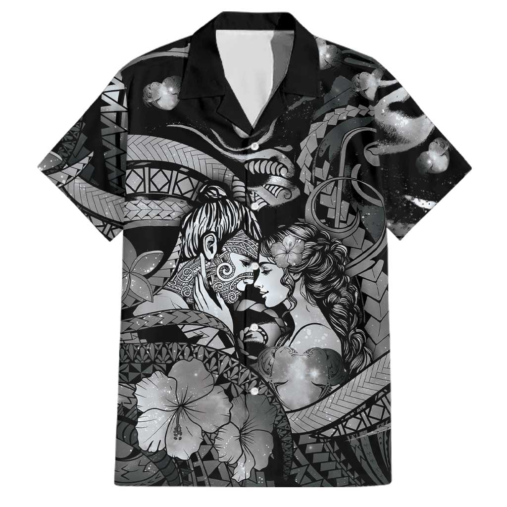 Personalised Maori Romantic Valentine Family Matching Long Sleeve Bodycon Dress and Hawaiian Shirt The Hongi Kiss Black Galaxy DT05 Dad's Shirt - Short Sleeve Black - Polynesian Pride
