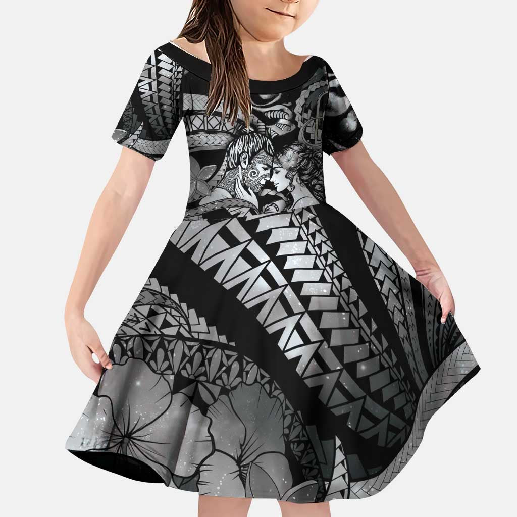 Personalised Maori Romantic Valentine Family Matching Mermaid Dress and Hawaiian Shirt The Hongi Kiss Black Galaxy DT05 Daughter's Dress Black - Polynesian Pride