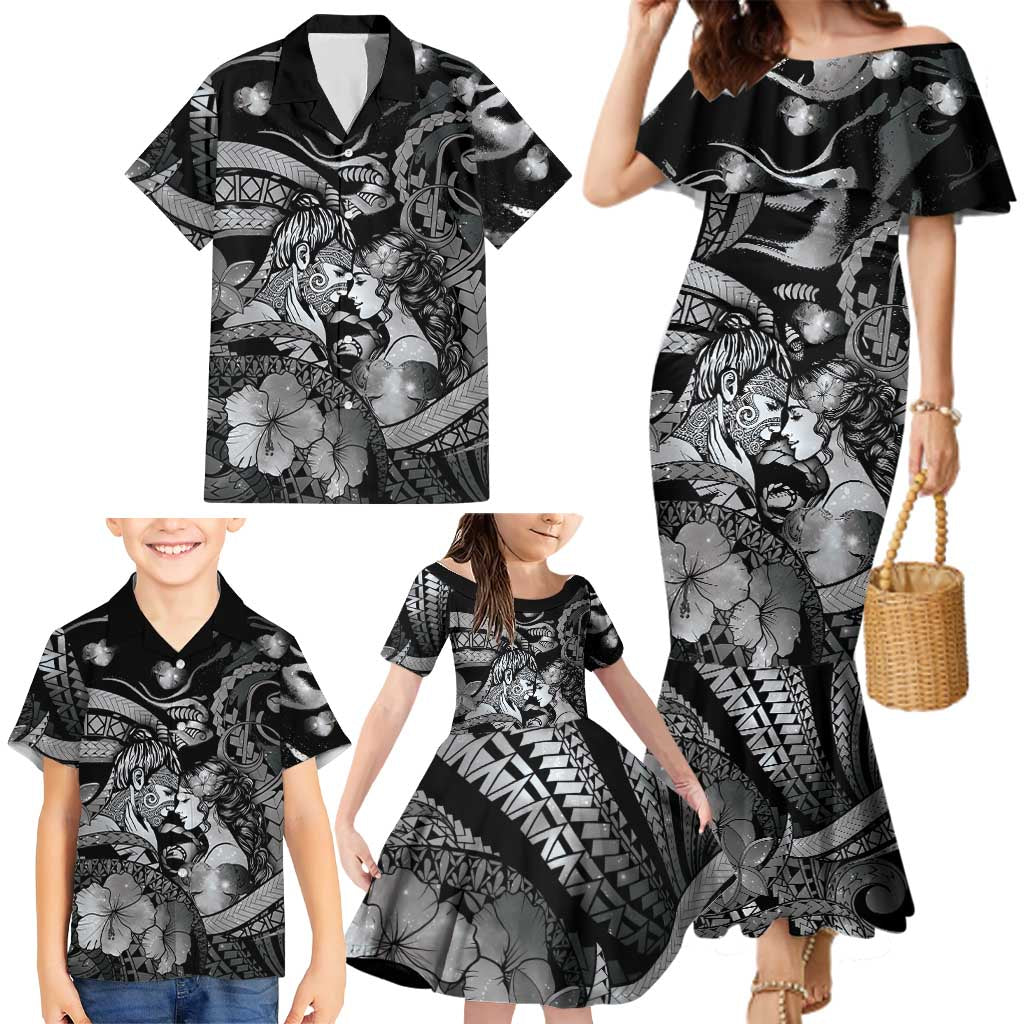 Personalised Maori Romantic Valentine Family Matching Mermaid Dress and Hawaiian Shirt The Hongi Kiss Black Galaxy DT05 - Polynesian Pride