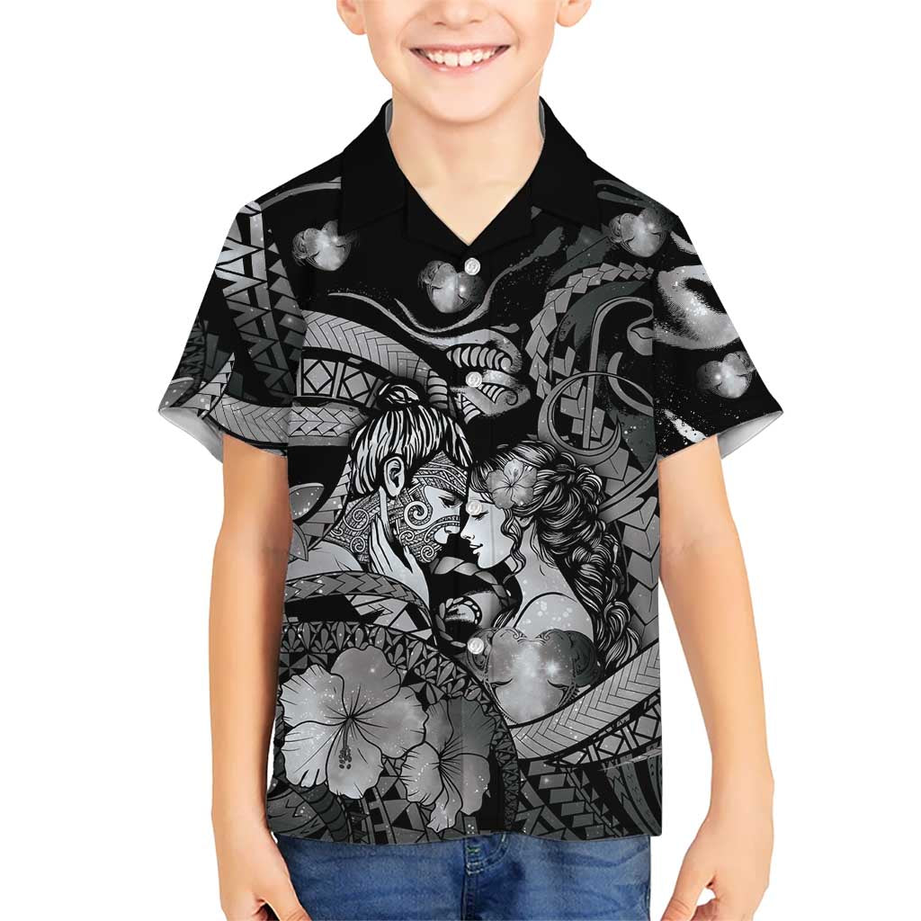 Personalised Maori Romantic Valentine Family Matching Mermaid Dress and Hawaiian Shirt The Hongi Kiss Black Galaxy DT05 Son's Shirt Black - Polynesian Pride