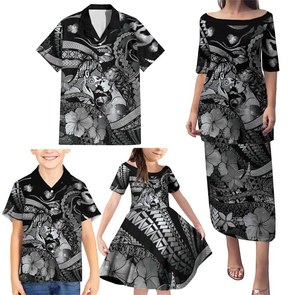 Personalised Maori Romantic Valentine Family Matching Puletasi and Hawaiian Shirt The Hongi Kiss Black Galaxy DT05 - Polynesian Pride