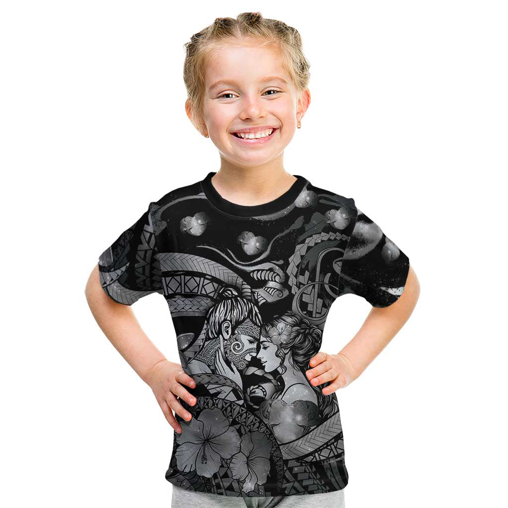 Personalised Maori Romantic Valentine Kid T Shirt The Hongi Kiss Black Galaxy