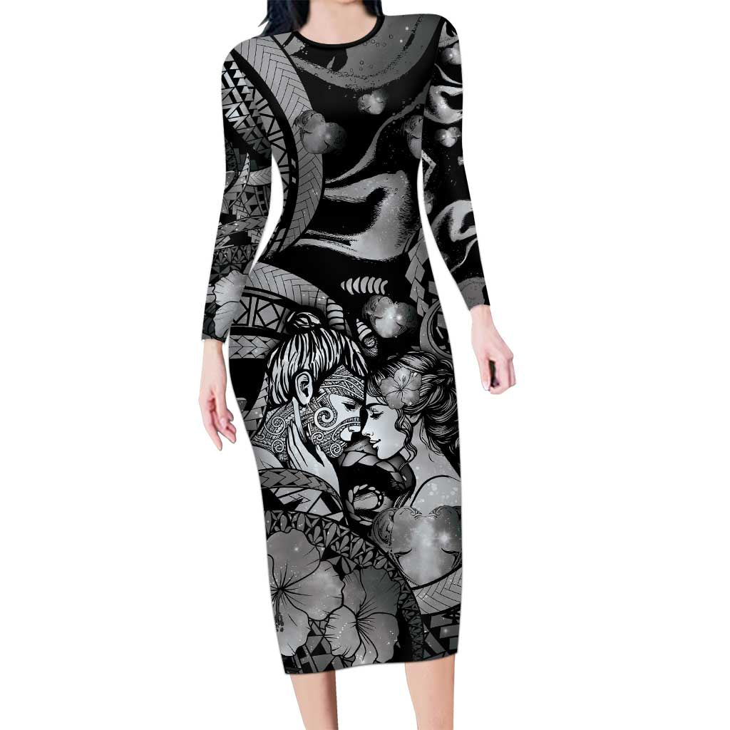 Personalised Maori Romantic Valentine Long Sleeve Bodycon Dress The Hongi Kiss Black Galaxy
