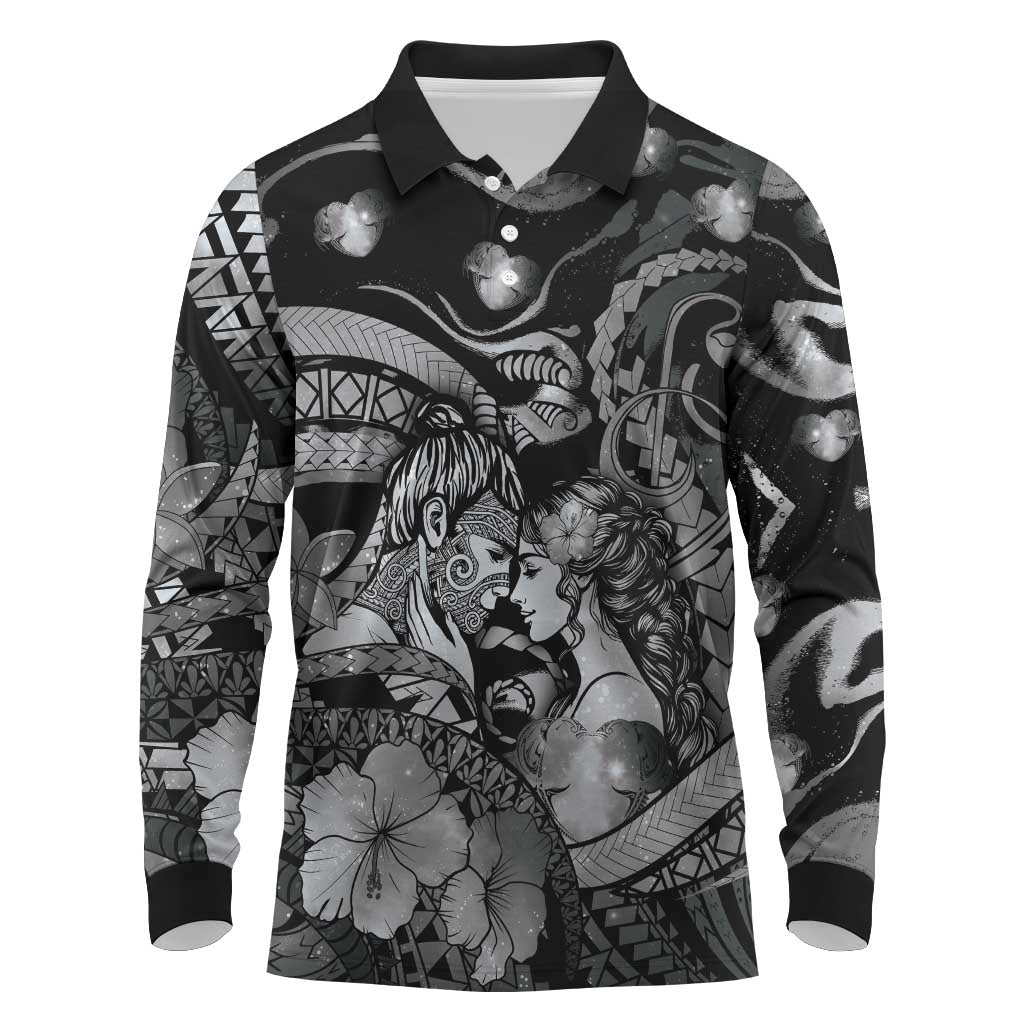 Personalised Maori Romantic Valentine Long Sleeve Polo Shirt The Hongi Kiss Black Galaxy