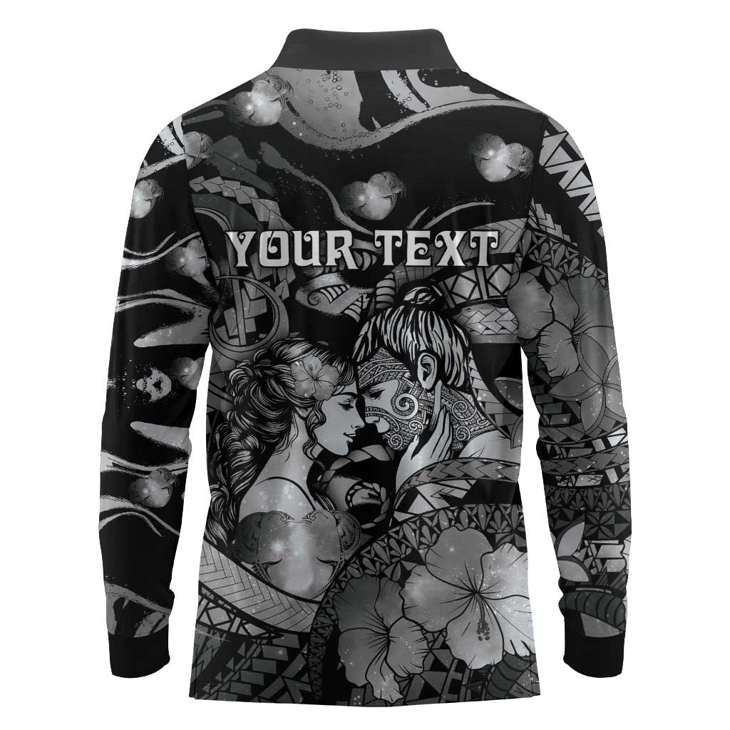 Personalised Maori Romantic Valentine Long Sleeve Polo Shirt The Hongi Kiss Black Galaxy