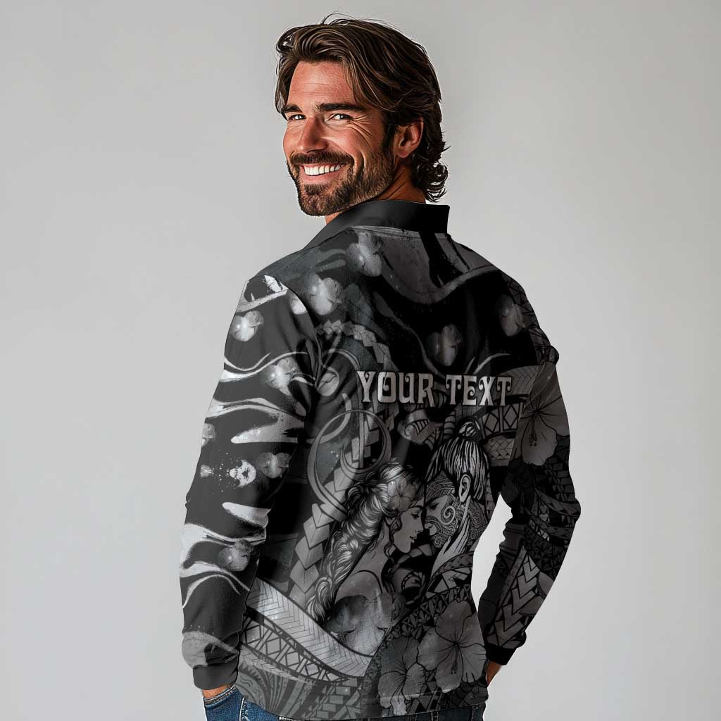 Personalised Maori Romantic Valentine Long Sleeve Polo Shirt The Hongi Kiss Black Galaxy