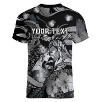 Personalised Maori Romantic Valentine Women V-Neck T-Shirt The Hongi Kiss Black Galaxy