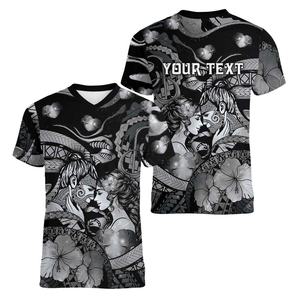 Personalised Maori Romantic Valentine Women V-Neck T-Shirt The Hongi Kiss Black Galaxy
