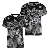 Personalised Maori Romantic Valentine Women V-Neck T-Shirt The Hongi Kiss Black Galaxy