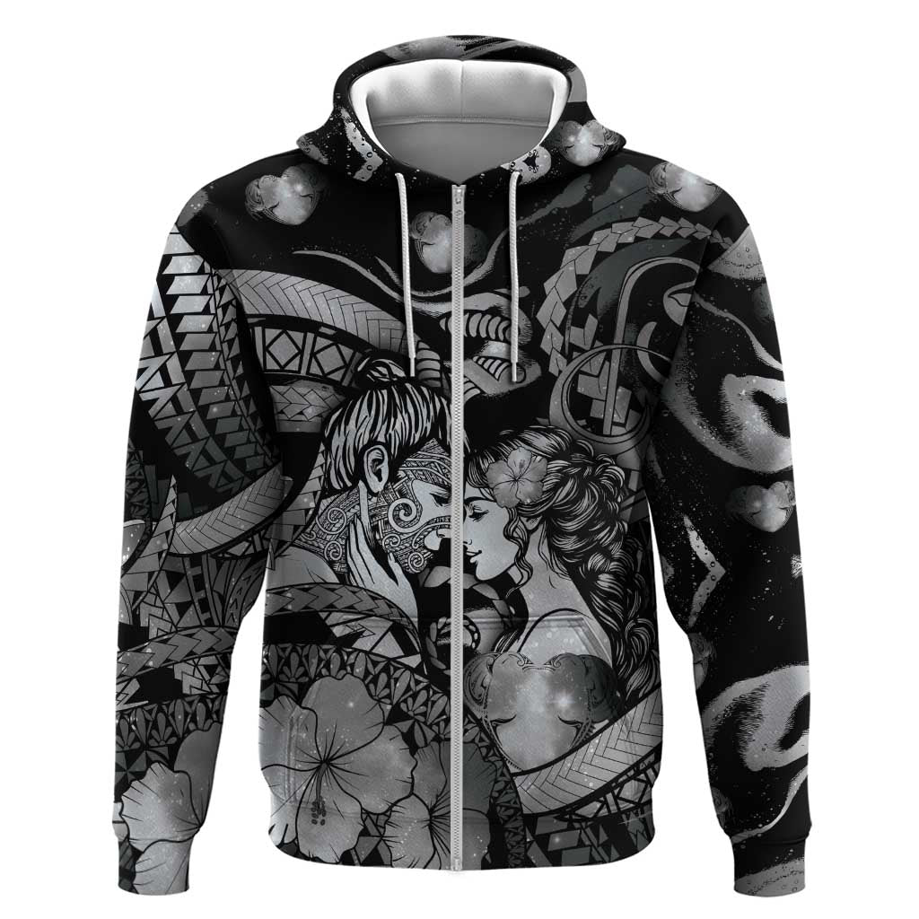 Personalised Maori Romantic Valentine Zip Hoodie The Hongi Kiss Black Galaxy DT05 Zip Hoodie Black - Polynesian Pride