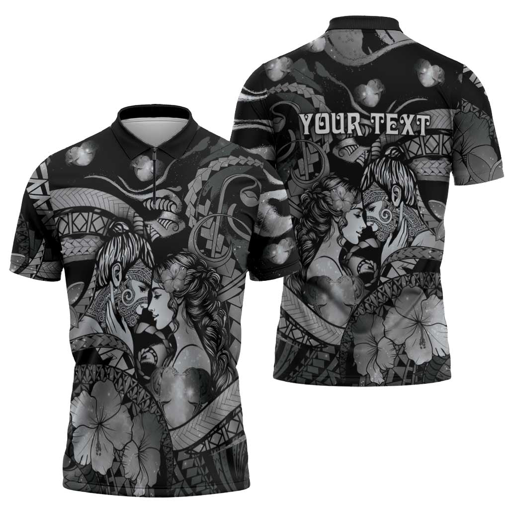 Personalised Maori Romantic Valentine Zipper Polo Shirt The Hongi Kiss Black Galaxy